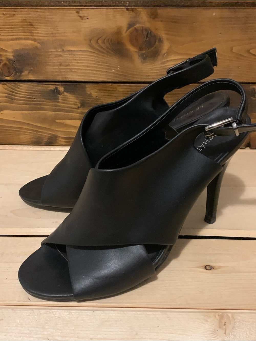 le chateau Black Leather Cross-Over Peep Toe Slingback Heels